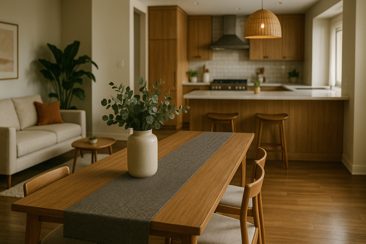 Ambientes coordenados: como o trilho de mesa conecta espaços. 