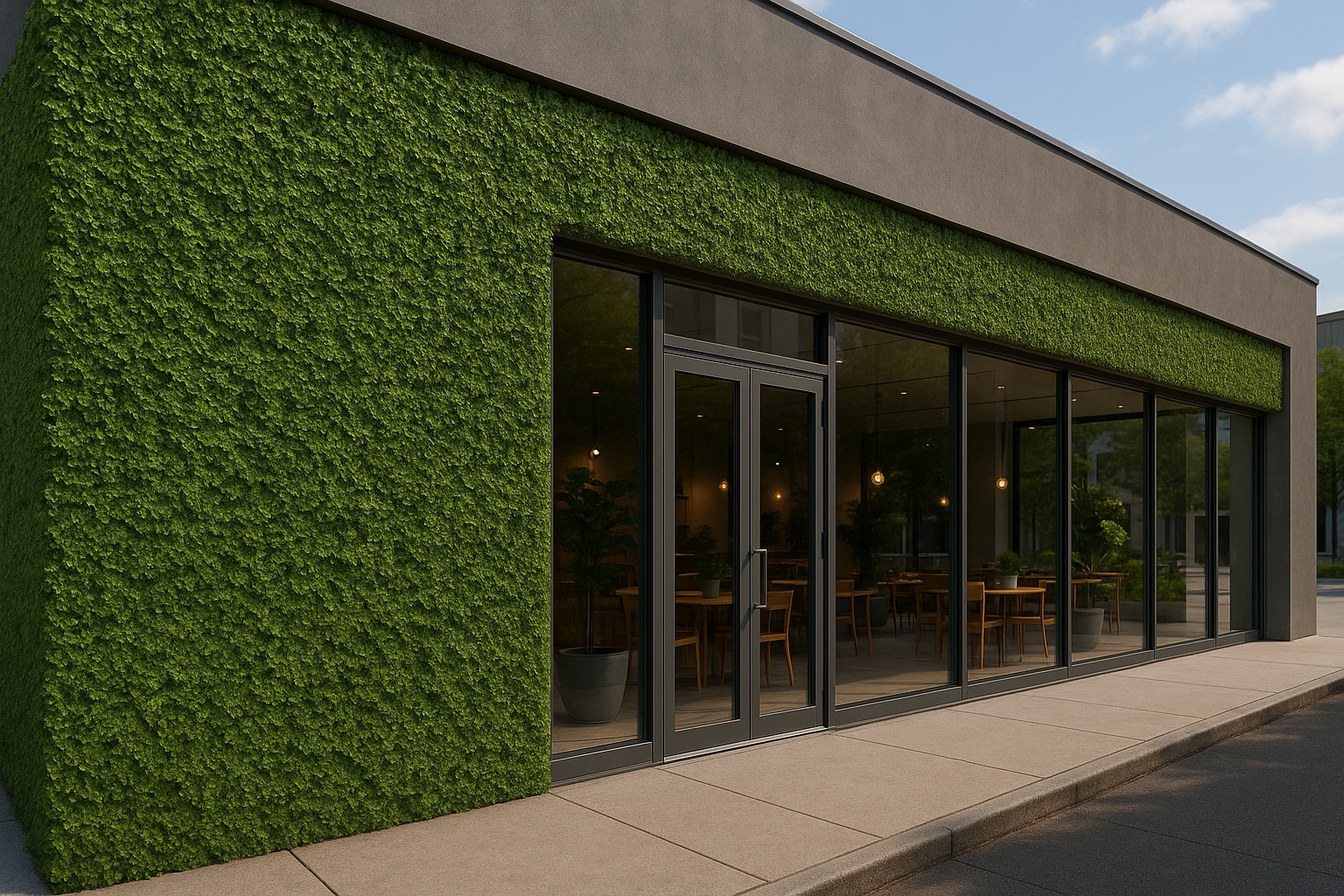 Grama sintética em fachadas: técnica e impacto de marca 