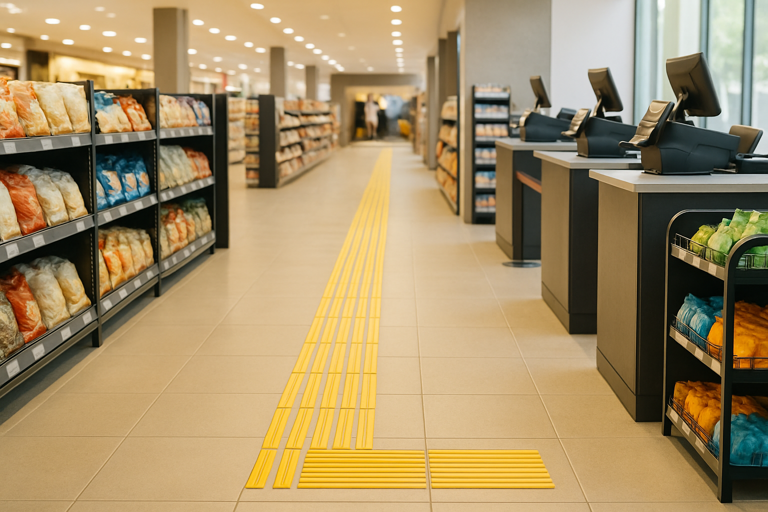 Piso tátil direcional na loja: corredores, acessos e caixas 